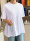 Camiseta casual de manga curta gola redonda com pregas sólidas - Branco