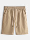 Men Plain Casual Cotton Board Shorts Solid Color Holiday Drawstring Casual Shorts - Khaki