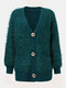Plus Size Casual Solid Button Pocket Plush Loose Cardigan - Navy