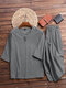 Men Linen Loose Pajamas Set Breathable V Neck Plain Bat Sleeve Loungewear - Light Grey