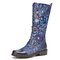 SOCOFY Gorgeous Flowers Pattern Colorful Stitching Elegant Zipper Lace Up Flat Mid Calf Boots - Blue