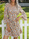 Lace Patchwork V-neck Floral  Print Dress With Belt For Women - Beige