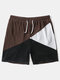 Mens Waffle Knit Colorblock Patchwork Preppy Drawstring Bermuda Shorts - Brown