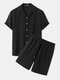 Mens Pure Color Button Up Revere Collar Basics Two Pieces Outfits - Black