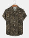 Mens Leopard Print Revere Collar Street Short Sleeve Shirts - Brown