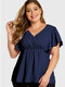 Solid Color Ruffle Short Sleeve V-neck Plus Size Button T-shirt - Navy