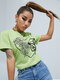 Butterfly Flower Print Crew Neck Short Sleeve T-shirt - Green