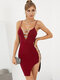 Contrast Color Backless Cut Out Irregular Strap Sexy Dress - Wine Red