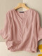 Solid V-Neck Button Front 3/4 Sleeve Cotton Blouse - Pink