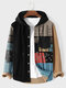 Mens Ethnic Tribal Pattern Patchwork Corduroy Hooded Shirt Jacket Winter - Khaki