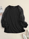 Lace Stitch Long Sleeve Solid Crew Neck Sweatshirt For Women - Black