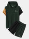 Mens Japanese Embroidered Contrast Patchwork Knit Hooded Two Pieces Outfits - Green