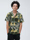 Mens Abstract Tropical Coconut Tree & Leopard Printed Camouflage Short Sleeve Shirt - Green