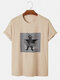 Mens 100% Cotton 3D Cat Graphic Print O-Neck Short Sleeve T-Shirt - Khaki