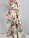 Vintage Flower Puffärmel O-Ausschnitt Maxi Kleid Mit Seitentasche - rot