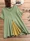 Patchwork V-neck Short Sleeve Plus Size Casual Blouse - Green