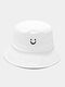 Unisex Cotton Solid Color Smile Face Pattern Embroidery Simple Sunshade Bucket Hat - White