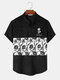 Mens Rose Japanese Embroidered Patchwork Corduroy Short Sleeve Henley Shirts - Black