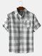 Mens Plaid Regular Hem Short Sleeve Shirt With Pocket - Grey