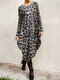 Leopard Print Long Sleeves O-neck Casual Dress - Grey
