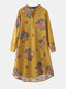 Calico Print Stand Collar Long Sleeve Plus Size Button Dress for Women - Yellow
