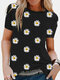 Floral Print Short Sleeve O-neck Casual T-shirt For Women - Black