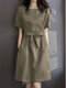Women Solid Crew Neck Cotton Short Sleeve Belted Dress - Army Green