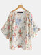 Floral Print Casual 3/4 Sleeve Plus Size Kimono - White