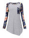 Side Button Floral Print Patchwork Long Sleeve Blouse - Grey