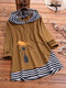 Cat Print Striped Patchwork Hooded Fake Two Pieces Plus Size Blouse - Khaki