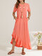 Ruffle Hem O-neck Solid Color Pocket Short Sleeve Maxi Dress - Pink