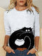 Lovely Cat Print O-neck Long Sleeve Plus Size Blouse for Women - White