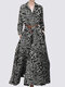 Geo Print Pocket Pleated Long Sleeve Maxi Dress - Black