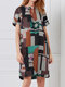 Geometric Printed Short Sleeve Casual Midi Dress For Women - Brown