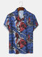 Mens Abstract Figure Print Revere Collar Short Sleeve Shirts - Blue