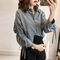 V-neck Solid color Loose casual Chiffon  shirt - Blue