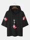 Mens Cherry Blossoms Japanese Print Button Half Sleeve Hooded T-Shirts - Black