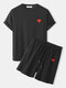 Mens Heart Embroidery Short Sleeve Pocket Drawstring Black Two Piece Outfits - Black