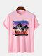 Mens Coconut Tree Landscape Print Cotton Short Sleeve T-Shirts - Pink