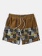 Mens Tribal Pattern Patchwork Ethnic Style Corduroy Drawstring Shorts - Brown