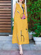 Women Abstract Print Crew Neck Sleeveless Dress With Pocket - Yellow