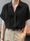 Solid Button Lapel Roll Sleeve Short Sleeve Casual Shirt - Black