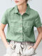 Solid Button Pocket Lapel Short Sleeve Casual Cotton Shirt - Green