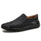 Men Hand Sticthing Leather Non Slip Soft Casual Slip On Driving Shoes - Black
