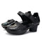 Women Casual Comfy Leather Hollow Hook Loop Open Toe Chunky Heel Sandals - Black