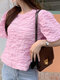 Textured Solid Puff Sleeve Crew Neck Women Blouse - Pink
