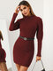 Solid Mock Neck Long Sleeve Casual Dress For Women - Red