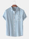 Mens Vertical Striped Short Sleeve Horizontal Striped Pockets Designer Shirts - Blue