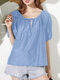 Women Solid Tie Neck Puff Sleeve Casual Blouse - Blue