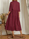 Solid Button Loose 3/4 Sleeve Lapel Casual Dress - Wine Red
